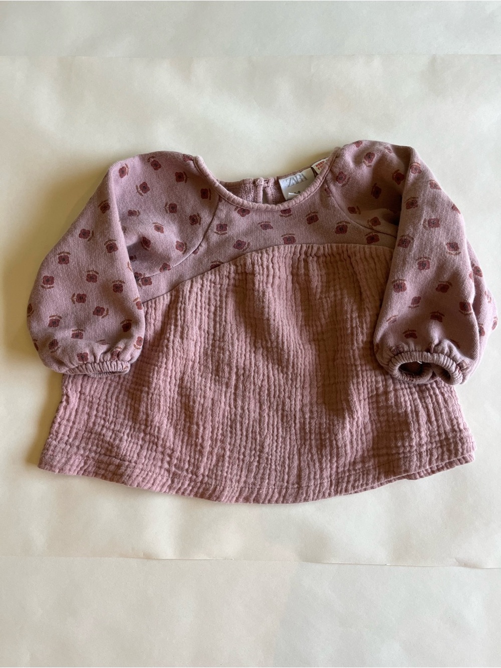 Zara 100% Cotton Mauve Textured Baby Top with Floral Sleeve Detail
